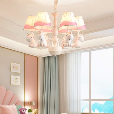 Unicorn Kids Bedroom Chandelier Resin 5 Lights Cartoon Ceiling Hang Lamp with Cone Fabric Shade in Pink/Blue