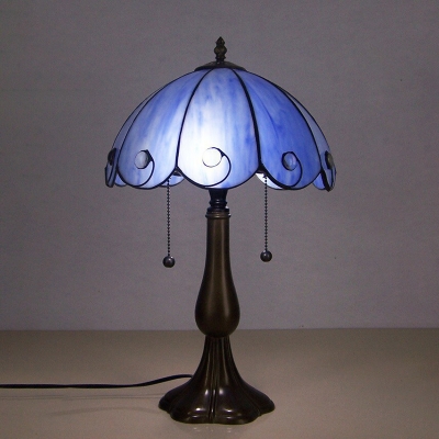 White/Blue/Beige 2-Head Night Lamp Tiffany Handcrafted Glass Ribbon/Rose Patterned/Scalloped Table Light for Dining Room