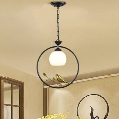 White Glass Dome/Flared Pendulum Light Lodge 1 Bulb Dining Room Hanging Lamp with Ring and Bird Deco, Black/Gold/Black-Gold