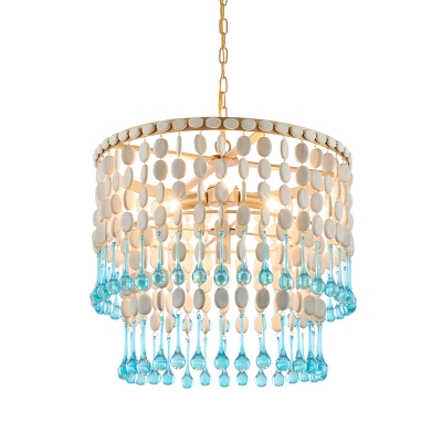 Wooden 1/2-Tiered Fringe Drop Pendant Lodge 4-Bulb Bedroom Ceiling Chandelier with Droplet in Blue-White