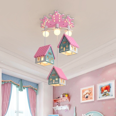 Wooden Cabin Cluster Pendant Light Cartoon 6 Bulbs Pink/Green Hanging Lamp for Childrens Bedroom