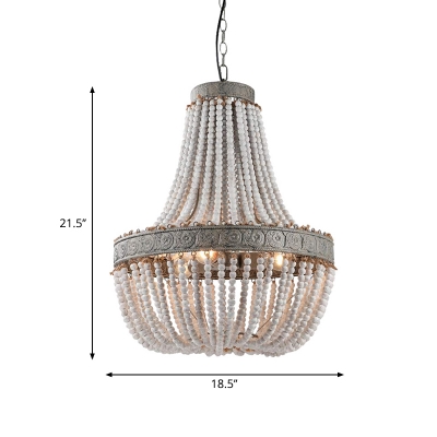 1/2/3-Head Wood Beading Pendant Lamp Country Style White Basket Dining Room Chandelier Light