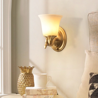 1/2-Light White Glass Sconce Lighting Traditional Gold Finish Bell Shaped Bedroom Wall Mount Lamp