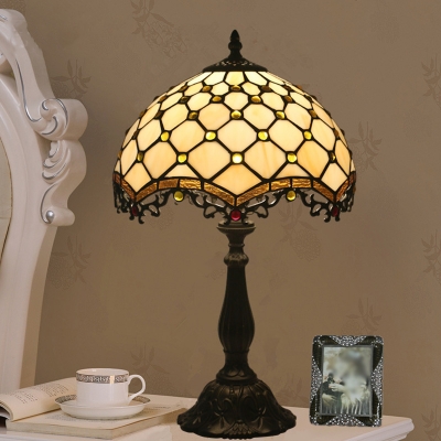 1 Bulb Jeweled Table Lamp Baroque White Cut Glass Night Light with Wavy-Edged Filigree