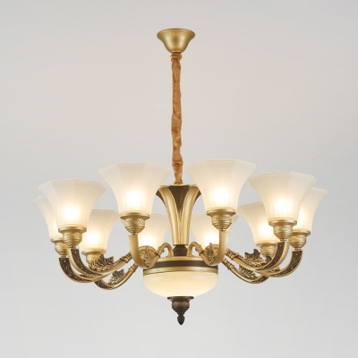 10/12/15 Bulbs Up Chandelier Traditional Paneled Bell Frosted White Glass Pendant Light Fixture in Brass