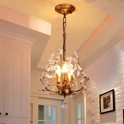 3-Bulb Branching Pendant Lamp Farmhouse Black/Gold Crystal Hanging Chandelier over Table