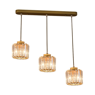 3 Heads Cluster Cylinder Pendant Modern Black/Gold Crystal Block Hanging Light Fixture with Round/Linear Canopy