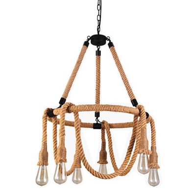 6/8 Heads Chandelier Lighting Lodge Circular Hemp Rope Hanging Ceiling Light in Beige