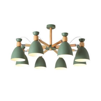 Bell Shade Suspended Lighting Fixture Macaron Metal 6/8 Bulbs Living Room Chandelier in Grey/White/Green and Wood