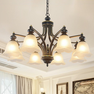 Black Up/Down Floral Chandelier Rustic Frosted Rib Glass 3/6/8-Head Dining Room Ceiling Hang Light
