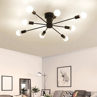 Burst Semi Flush Ceiling Light Postmodern Metal 6/8/10 Bulbs Living Room Flush Chandelier in Black/Gold