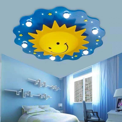 Cartoon Morning Sun Ceiling Light Wooden 7-Light Childrens Bedroom Flush Mount in Blue