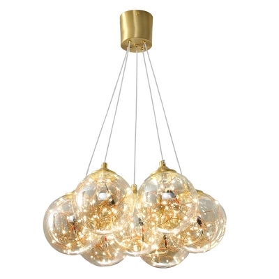Clear/Cream Glass Ball Drop Pendant Romantic Modern 5/7 Heads Brass LED Chandelier in Natural/3 Color Light for Dining Room
