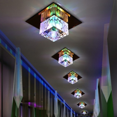 Cube Foyer Ceiling Lighting Crystal LED Simple Flush Mount Light in Clear/Tan, Warm/White/Multi-Color Light