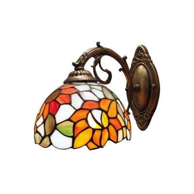 Cut Glass Sunflower Wall Mount Lighting Tiffany 1-Light Orange Sconce Light Fixture with Carved Arm