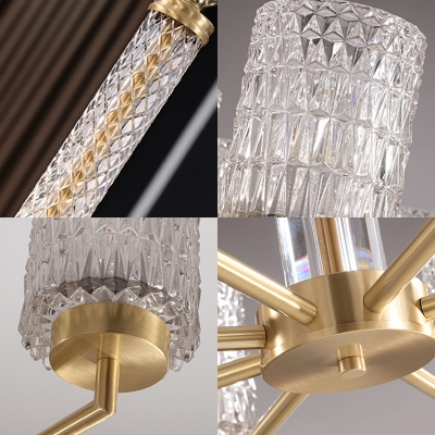 Cylindrical Restaurant Hanging Lamp Geometric-Cut Glass 6/8/15 Lights Modern Chandelier in Gold