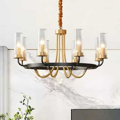Cylindrical Ribbed Glass Ceiling Hang Light Postmodern 6/8-Bulb Dining Room Chandelier with Arch Arm in Black/Gold