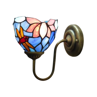 Dragonfly and Lotus Wall Light Fixture Tiffany Stained Glass 1-Light Brass Wall Mounted Lamp with Scrolling Arm