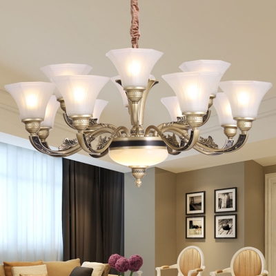 Frosted White Glass Flared Pendant Lamp Modern 12/15/18 Bulbs Chandelier Light with Carved Arm