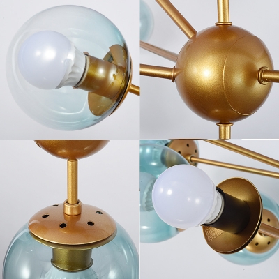 Gold 3D Structure Chandelier Postmodern 10 Bulbs Metal Ceiling Hang Light with Ball Gradient Blue Glass Shade
