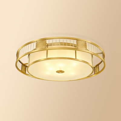 Gold Drum Flushmount Light Traditional Opal Glass 4/6/8 Lights Bedroom Ceiling Fixture with Guard