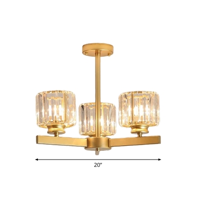 Gold Radial Chandelier Contemporary Metal 3/6/8 Lights Living Room Ceiling Pendant with Cylinder Crystal Shade