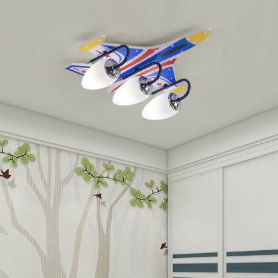 Jet White Glass Flush Mount Light Fixture Kids 3/4-Bulb Blue Close to Ceiling Lamp for Bedroom