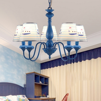 Mediterranean Conical Chandelier Patterned Fabric 5-Head Kids Bedroom Hanging Lamp in Blue