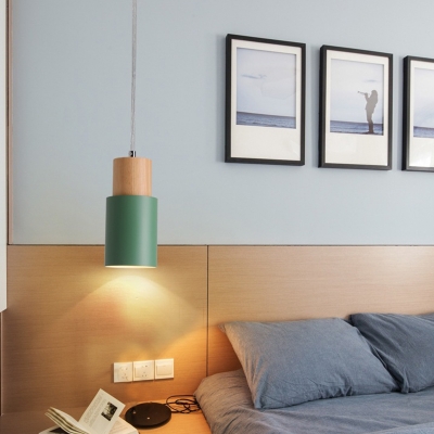Metal Tubular Hanging Light Fixture Nordic 1-Light Black/Pink/Green and Wood Pendant Lamp for Kitchen