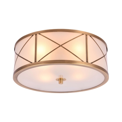 Opal Frosted Glass Gold Flush Lamp Drum 2/4/6-Head Classic Ceiling Mount Light with X-Brace, Small/Medium/Large