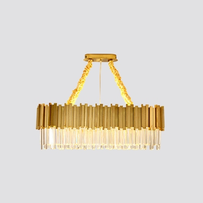 Oval/Drum K9 Crystal Rod Pendant Light Post-Modern Living Room LED Chandelier Lamp in Gold, 19.5