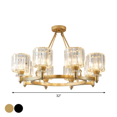 Post-Modern Circular Chandelier 3/6/10 Bulbs Metal Hanging Lamp in Black/Gold with Cylinder Crystal Shade