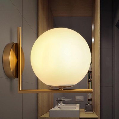 Post-Modern Spherical Wall Light Kit Ivory Glass 1-Light Bedroom Sconce Lamp with Straight/Right Angle Arm in Gold