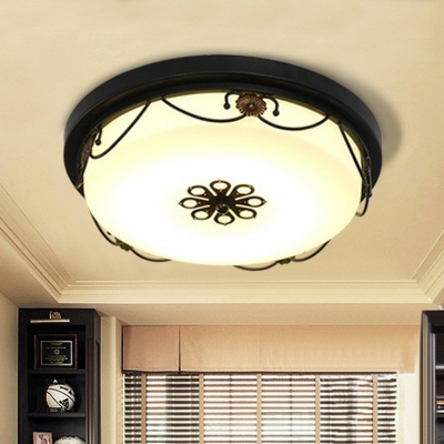 Round Dining Room Flush Mount Lamp Retro Milk Glass LED Black Flush Ceiling Light Fixture with Floral Design