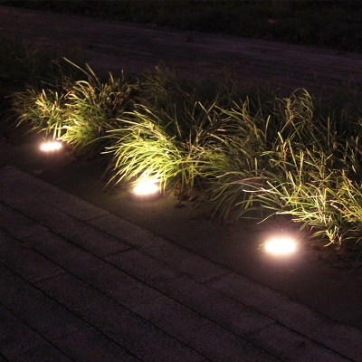 Round Outdoor Solar Pathway Light Stainless Steel Minimalist LED Ground Lighting in Black, Warm/White Light