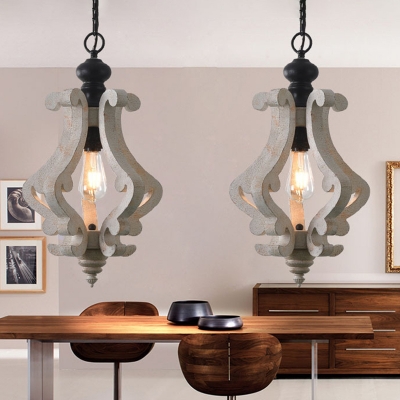 Single-Bulb Pendulum Light Country Style Dining Room Drop Pendant with Jar Wood Cage in Distressed White