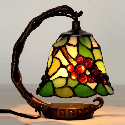 Single Grape Patterned Bell Night Lamp 1-Light Green Glass Tiffany Style Table Light