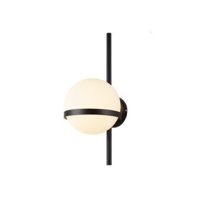 Small/Large Banded Sconce Light Post-Modern Milk Ball Glass 1-Bulb Black/Gold Wall Mount Lamp with Decorative Rod