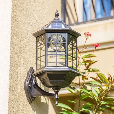 Solar LED Outdoor Wall Sconce Traditional Booth Shaped Clear Glass Wall Light in Black/Bronze