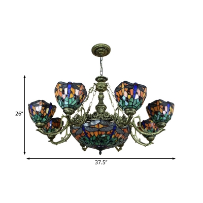 Tiffany Bowl Chandelier Lamp 9-Light Stained Glass Pendant Lighting with Sunflower/Dragonfly Pattern in Yellow