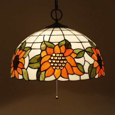 Tiffany Dome Suspension Pendant 3 Heads Sunflower/Butterfly Patterned Glass Hanging Light with/without Pull Chain Switch in Black