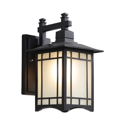 Traditional Pavilion Lantern Sconce 1-Light Sandblasted Glass Wall Mount Lamp in Black/Bronze