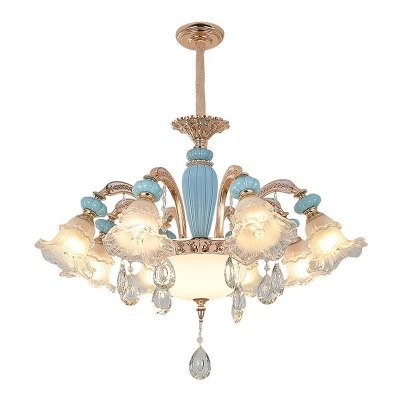 Traditional Ruffled Hanging Light Kit 6/8/12-Head Clear and Frosted Glass Chandelier in Blue and Gold