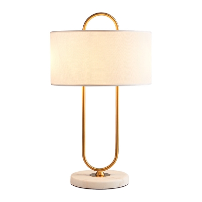 White/Flaxen Round Table Lamp Simplicity Single Fabric Night Stand Light with Brass Oval Stand