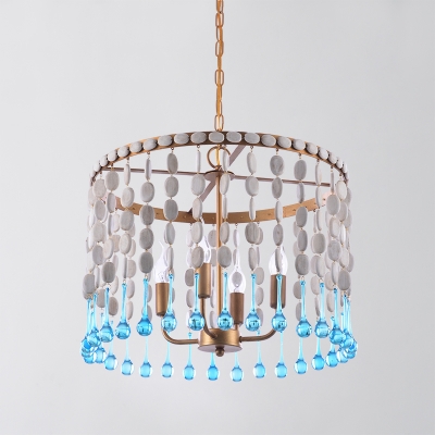 Wooden 1/2-Tiered Fringe Drop Pendant Lodge 4-Bulb Bedroom Ceiling Chandelier with Droplet in Blue-White