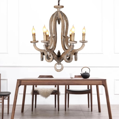 Wooden Candelabra Chandelier Lodge 6/8 Lights Dining Room Ceiling Pendant in Distressed White