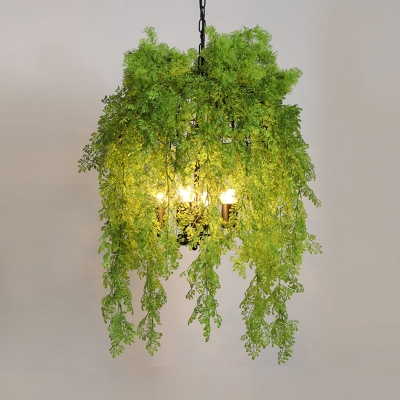 Wrought Iron Cage Pendant Chandelier Industrial 4-Light Restaurant Plant Ceiling Pendant in Green