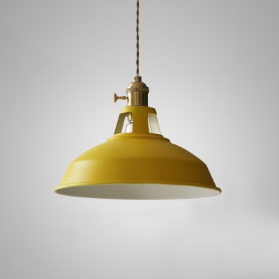 Yellow/Green Barn Pendant Lamp Loft Style Metallic Single Bedside Hanging Lamp with Square-Cutouts Top