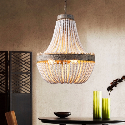 1/2/3-Head Wood Beading Pendant Lamp Country Style White Basket Dining Room Chandelier Light