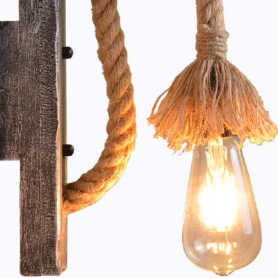 1 Bulb Wall Hanging Lamp Farmhouse Wood L Shaped Wall Mount Light in Grey with Hand-Worked Rope
